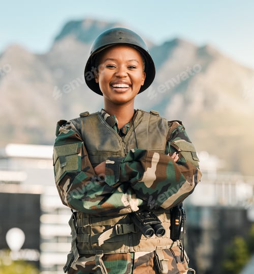 Preview: Military, portrait and happy black woman with arms crossed in city for power, confident or smile ou