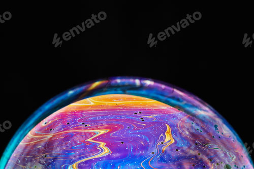 Preview: Virtual reality space with abstract multicolor psychedelic planet. Closeup Soap bubble like