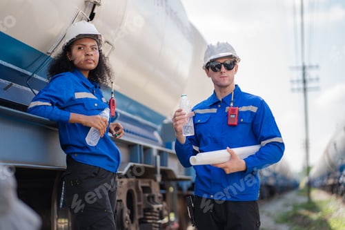 Preview: Team of engineer railway wearing safety uniform and helmet under checking train.