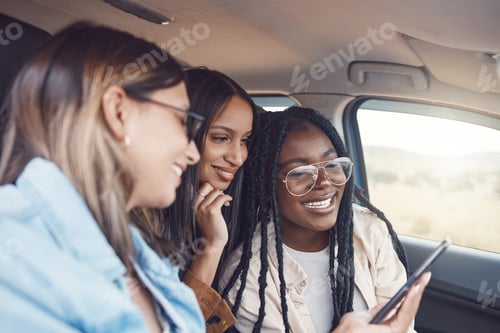 Preview: Travel, phone and friends with women in car for directions, adventure and journey. Gps, map and tec