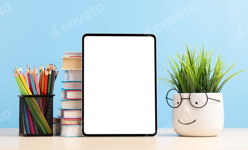 Preview: Tablet with colorful pencils and stack of books