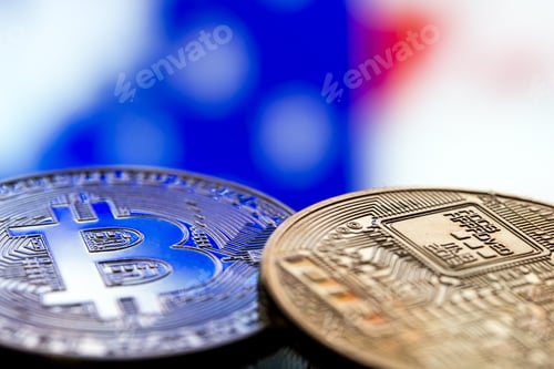 Preview: coin Bitcoin to American flag background, the concept of virtual money, closeup