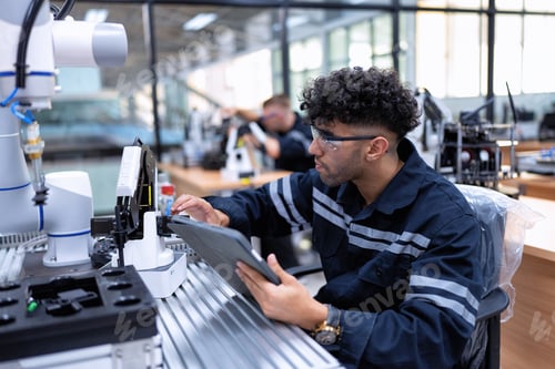Preview: Engineer sitting in robot fab. room use tablet pc quality check robot arm hardware engineering