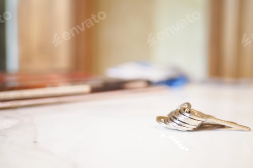 Preview: house keys on the ring on table in a room. To forget keys at home concept ,