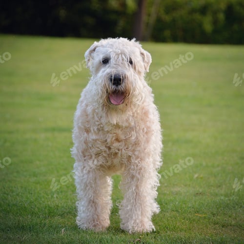 Preview: soft coated wheaten terrier standing on a green lawn in the garden