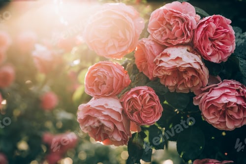 Preview: Beautiful pink roses in early morning hours outdoors