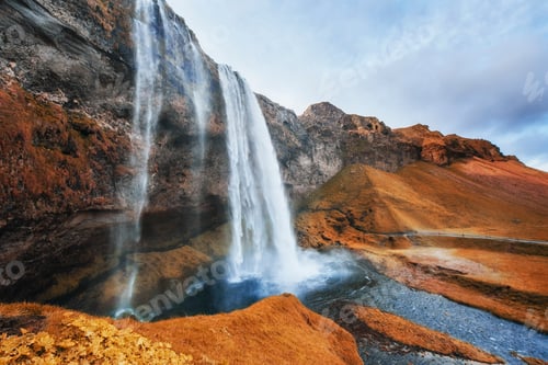 Preview: Seljalandfoss waterfall. Beautiful summer sunny day