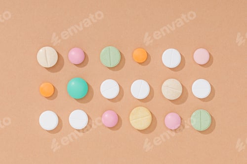Preview: Flat lay with colorful pills on brown surface