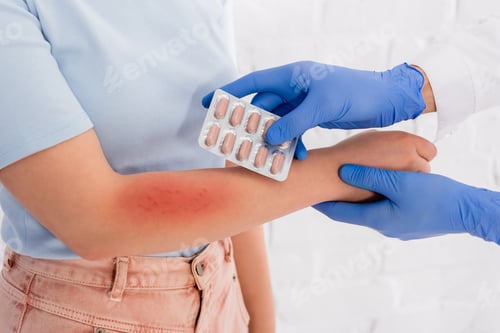 Preview: Cropped view of doctor in latex gloves holding pills near woman with allergy redness on arm