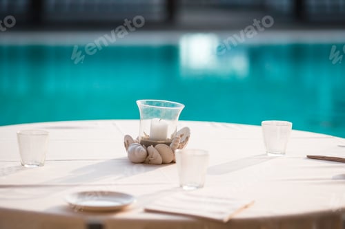 Preview: Lunch time, cup of coffee on table in restaraunt outdoor