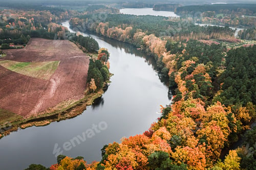 Preview: Big and winding river and autumn forest, aerial view