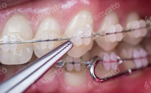Preview: Dentist treating teeth with ceramic brackets, using mosquito at the dental office.