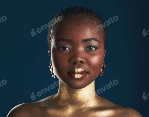 Preview: Gold makeup, studio portrait or black woman with creative art, facial cosmetics paint and lipstick.