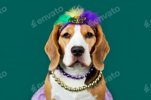 Preview: A beagle dog in costume for the Mardi Gras festival