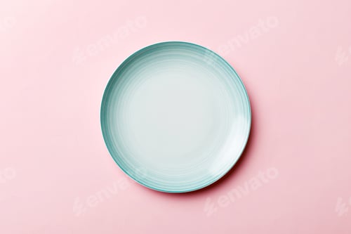 Preview: Top view of isolated of colored background empty round blue plate for food. Empty dish