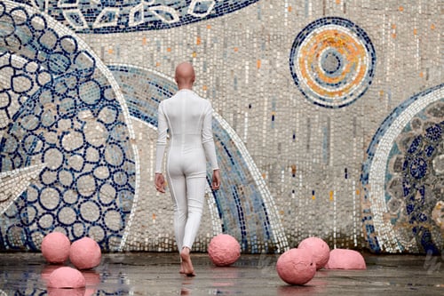 Preview: Young hairless girl ballerina with alopecia in white futuristic suit dancing among pink spheres