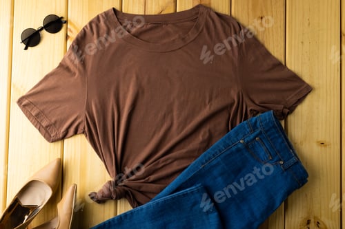 Preview: Close up of tshirt, jeans, glasses and shoes on wooden background