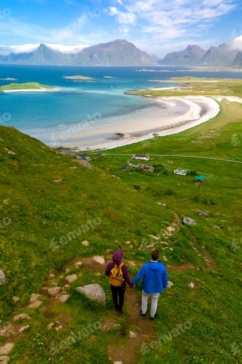 Preview: Couple Hiking Above Norway's Pristine Beach, Kolbeinsanden Beach, Lofoten