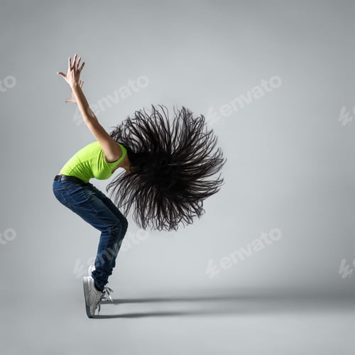 Preview: beautiful dancer girl squatting with flying hair