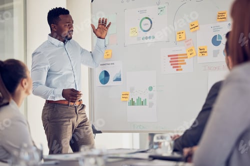 Preview: Presentation, whiteboard and businessman with finance strategy, erp marketing analysis and company
