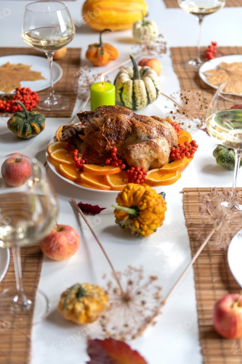 Preview: festive dinner with delicious roasted turkey and wine glass served on table,colorful flat lay