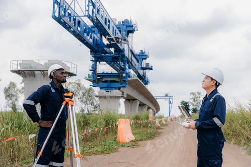 Visualização: Equipe de engenheiros inspetores Use o drone para inspecionar o operador e pesquisar o canteiro de obras.