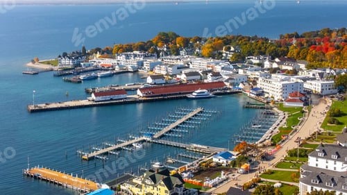 Preview: Beautiful view of the docking bay shoreline on Mackinac Island in the fall