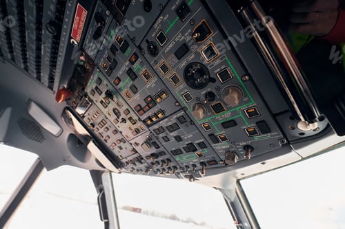 Preview: Control panel. Close up focused view of airplane cockpit