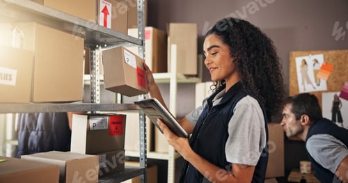 Preview: Woman, check and box with tablet in warehouse for inventory, online order and stock. Person, packag