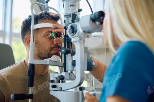 Preview: Young man having his eyesight tested at ophthalmologist's.