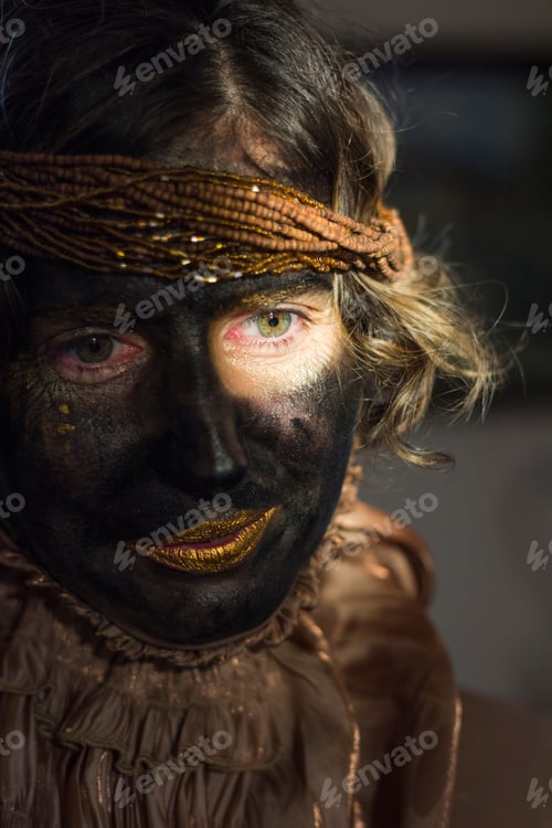 Preview: A woman in golden outfit and black make up on her face, close up portrait, retro style, old fashion