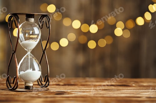 Preview: Hourglass on wooden desk against blurred lights