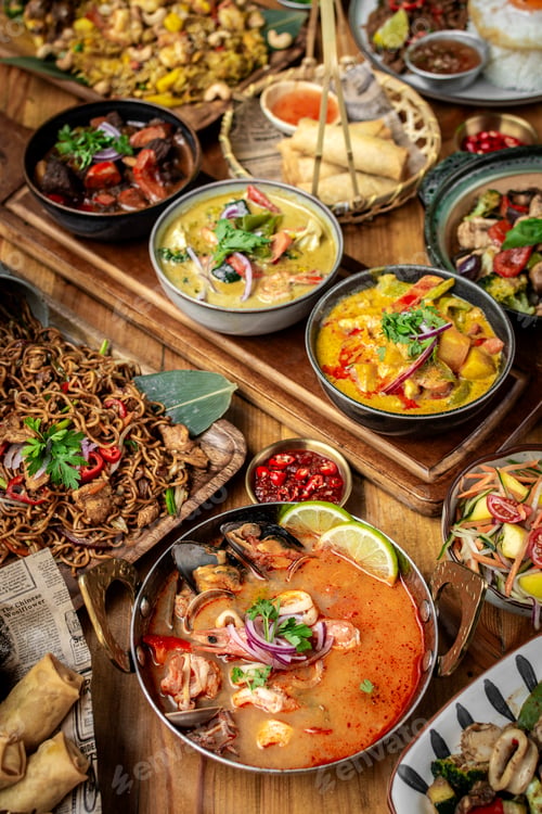 Preview: many different thai food dishes on table in modern restaurant in bangkok thailand