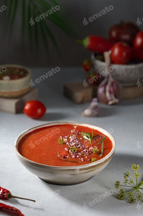 Preview: A bowl of Spanish tradicional cold tomato and cucumber gazpacho soup.