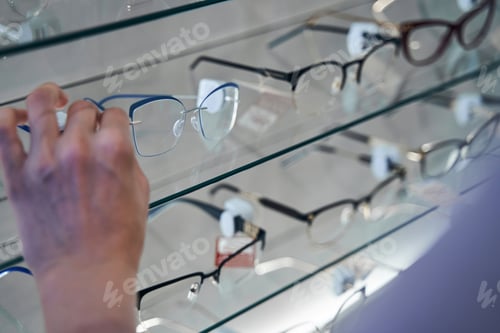 Preview: Young woman choosing eyeglasses in optical store
