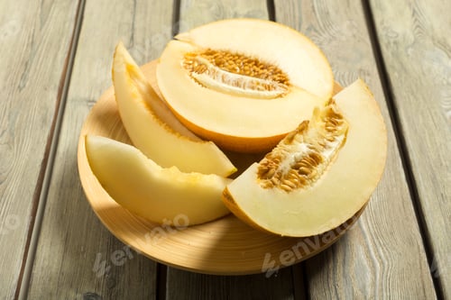Preview: Slices of cantaloupe on a wooden plate placed on a table