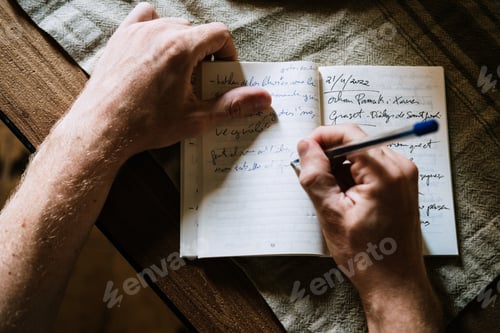 Preview: Aerial view of hands writing notes with pen in a notebook or diary