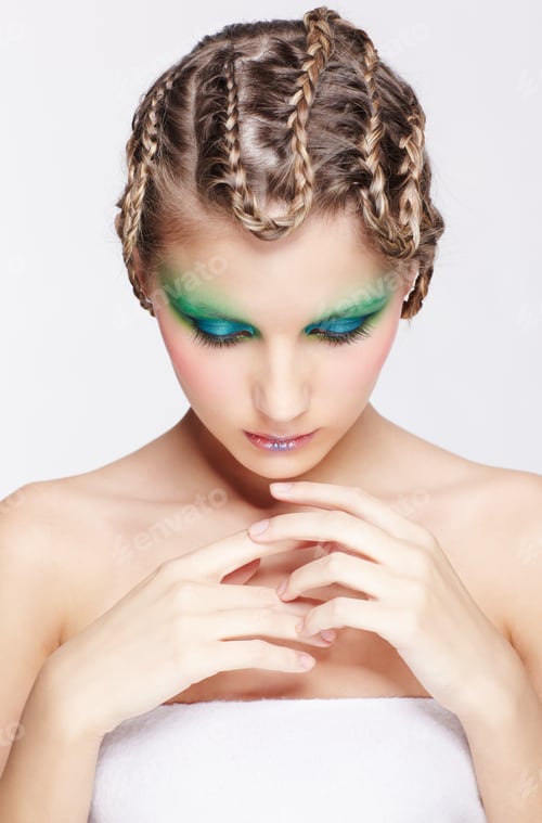 Preview: Portrait Of Beautiful Young Dark Blonde Woman With Creative Plait Hairdo And Green Eye Shades
