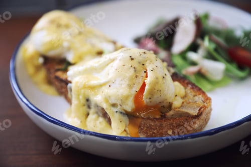 Preview: Egg Benedict , Poached Eggs With Toast On Wood Background , English Breakfast