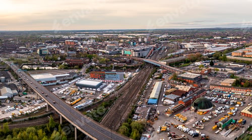 Preview: Aerial view of Doncaster city centre with transport links at sunset