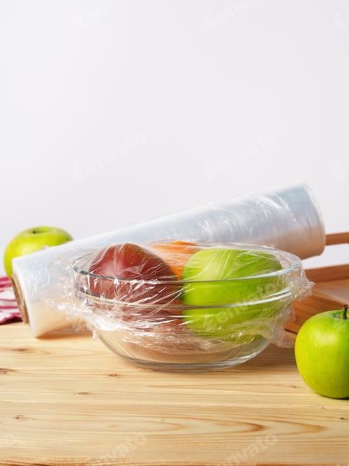 Preview: Bowl of fresh fruit in a glass bowl covered with cling film