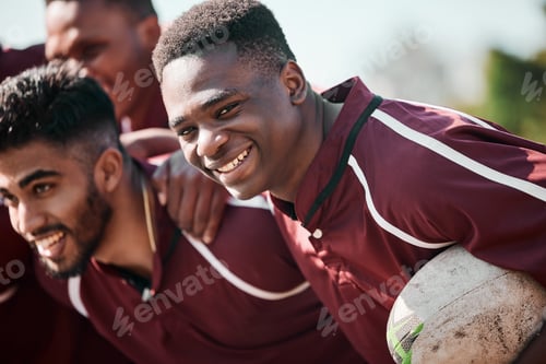 Preview: Team, rugby or smile for image, game or unity for collaboration, sportswear or happy. Ball, men or
