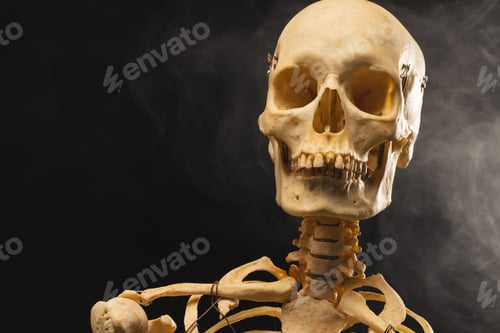 Preview: Plastic skeleton and smoke with copy space on black background