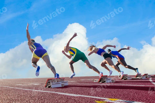 Preview: Four female athletes on athletics track, leaving starting blocks, rear view