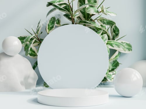Preview: White Podium with Green Leaves and Round Shapes