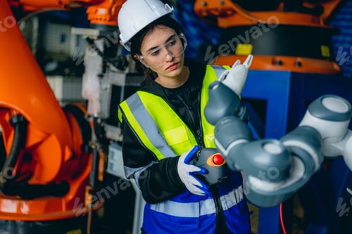 Woman Operates Robotic Arm in Manufacturing Workplace