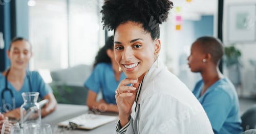 Preview: Woman, face or doctor in teamwork meeting, medical leadership or life insurance planning in hospita