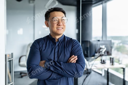 Preview: Portrait of Asian businessman, man in glasses and shirt looking out window and smiling, worker