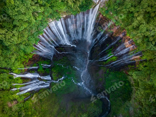 Preview: Aerial top view from above of Tumpak Sewu waterfall in Malang regency, East Java, Indonesia
