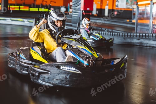 Preview: go cart race asian girl screaming when winning the race angry competitor